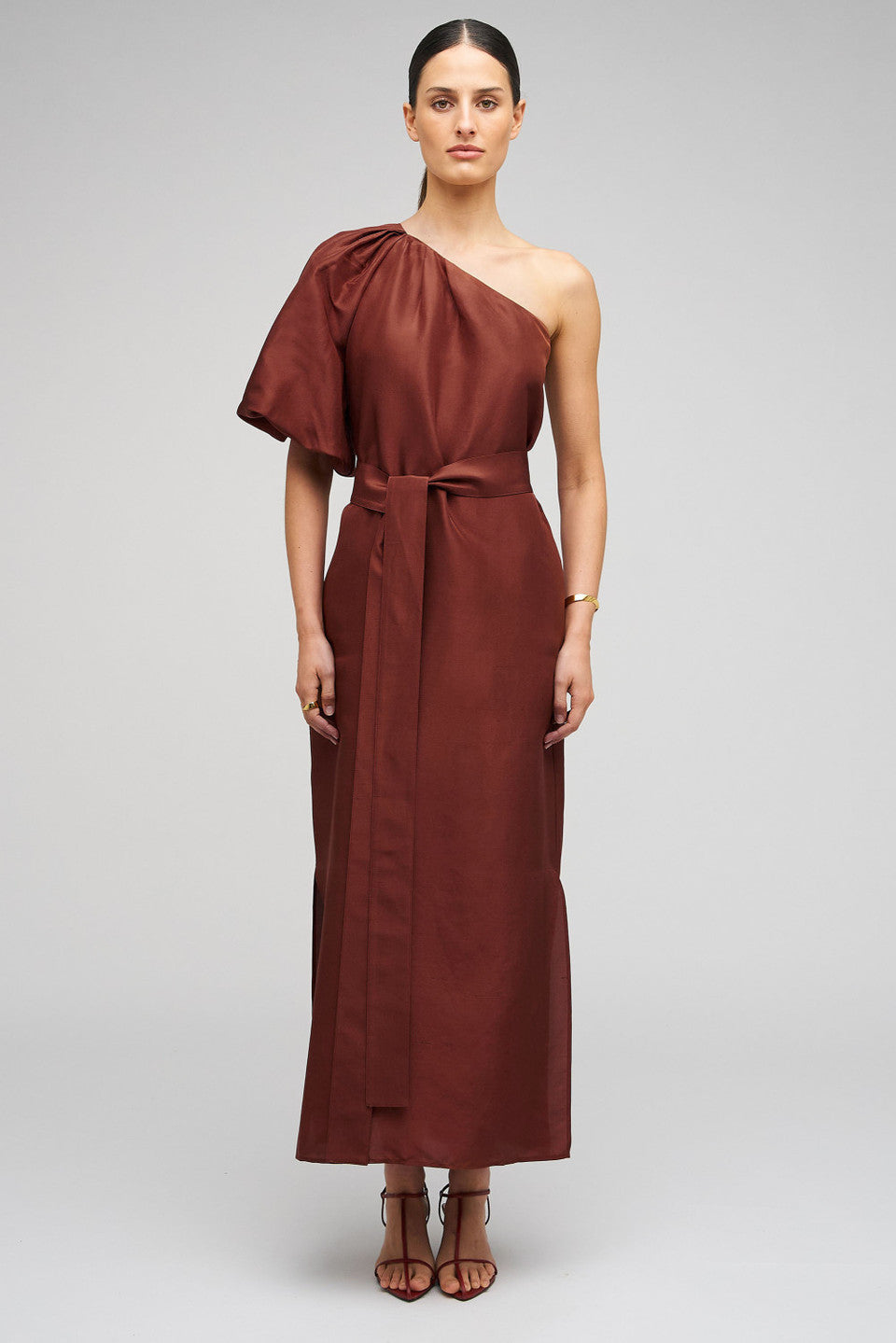 ONE SHOULDER DRESS - BARN RED