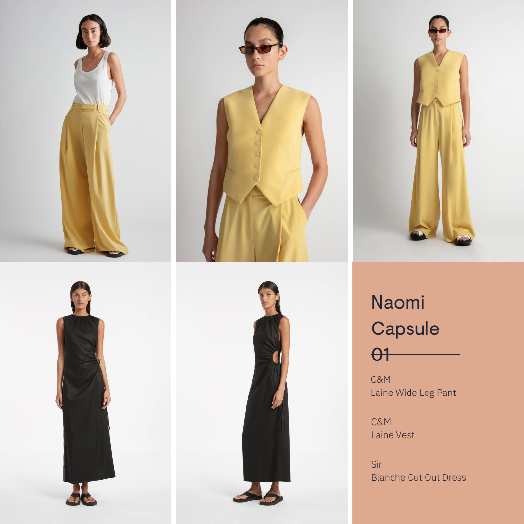 Sir Capsule - Model Wearing Items in Naomi Capsule including full length black sleeveless dress, yellow oversized pants and yellow button up vest.