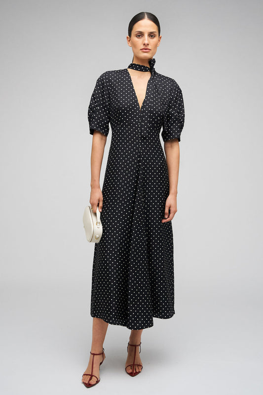 SPOT PRINT DAY DRESS - BLACK