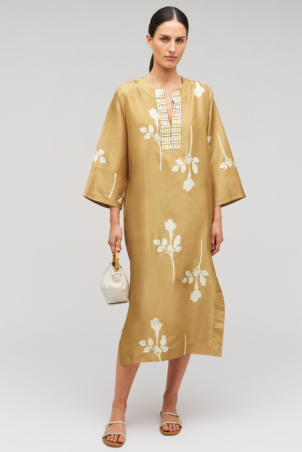 OROTON - EMBELLISHED ROSEBUD TUNIC DRESS - CAMEL