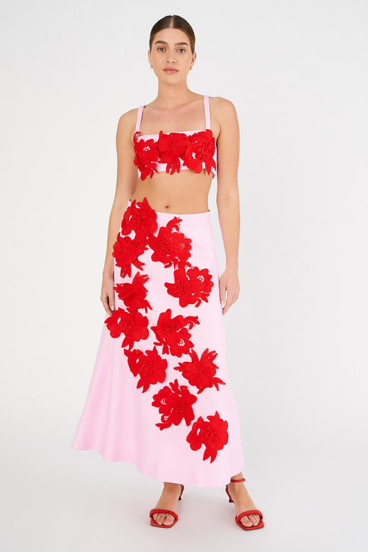 OROTON - CONTRAST 3D FLOWER A-LINE SKIRT - PINK