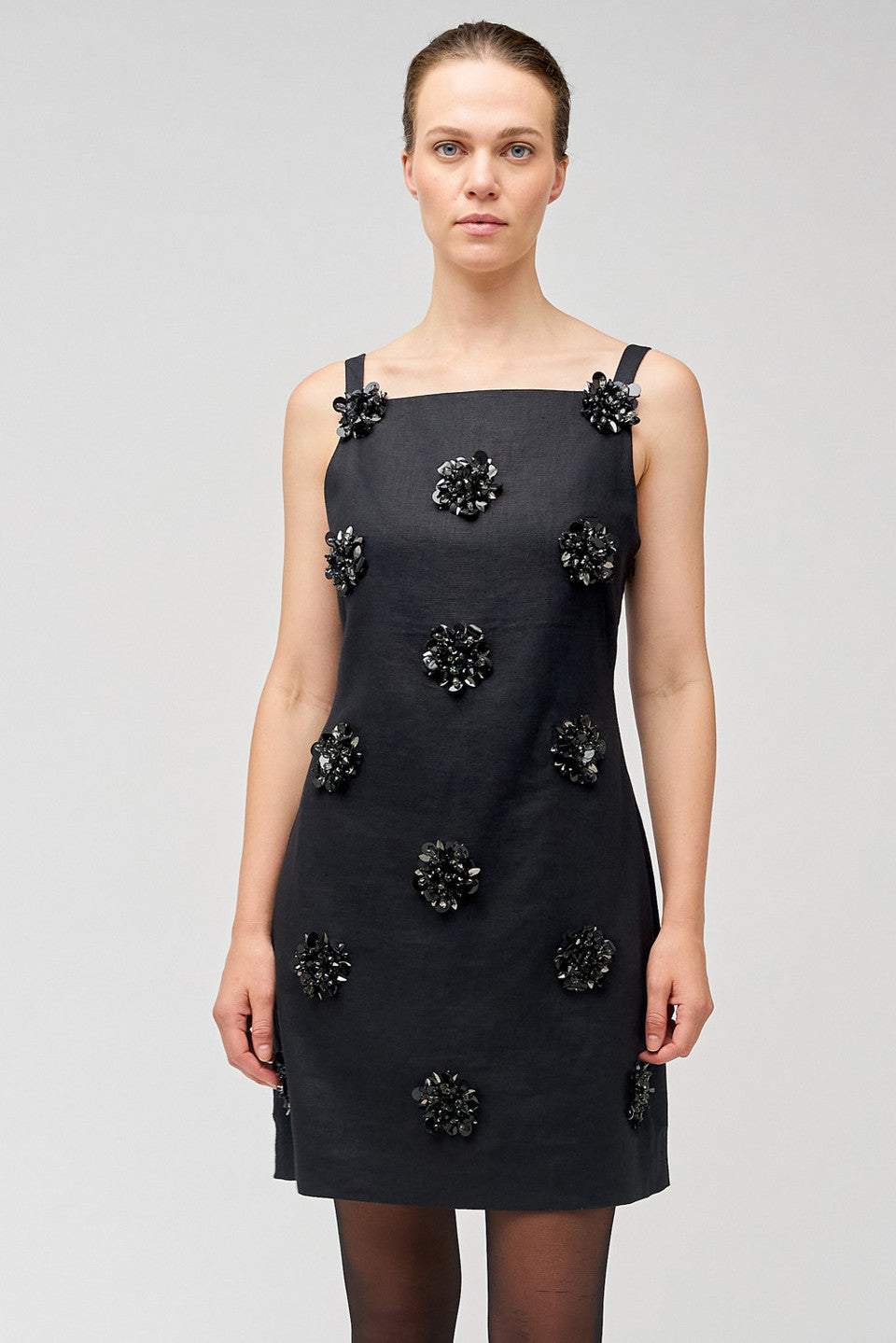OROTON - FLOWER SEQUIN SHIFT DRESS - BLACK