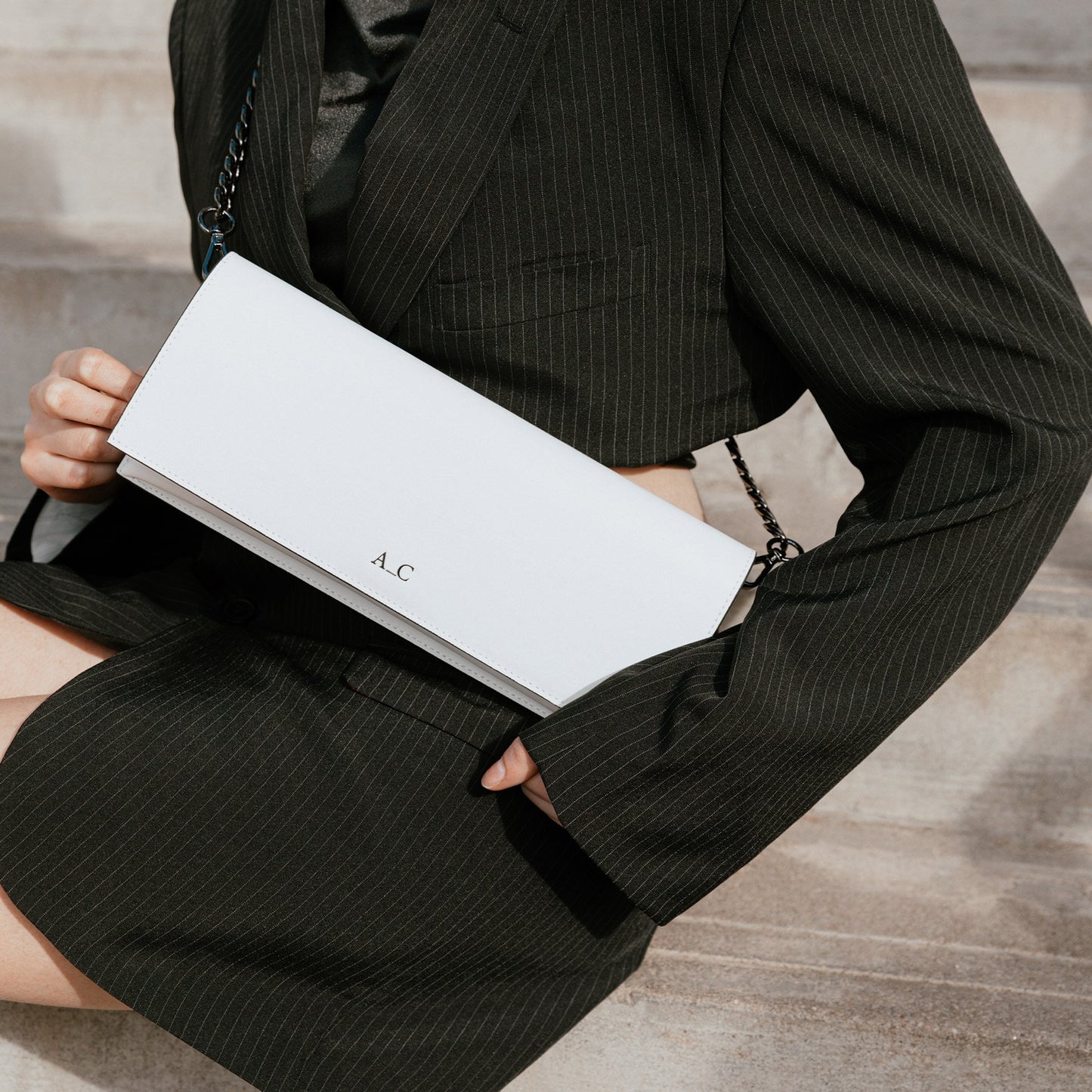 A_C - MONICA CLUTCH - WHITE Styled with green pinstripe suit