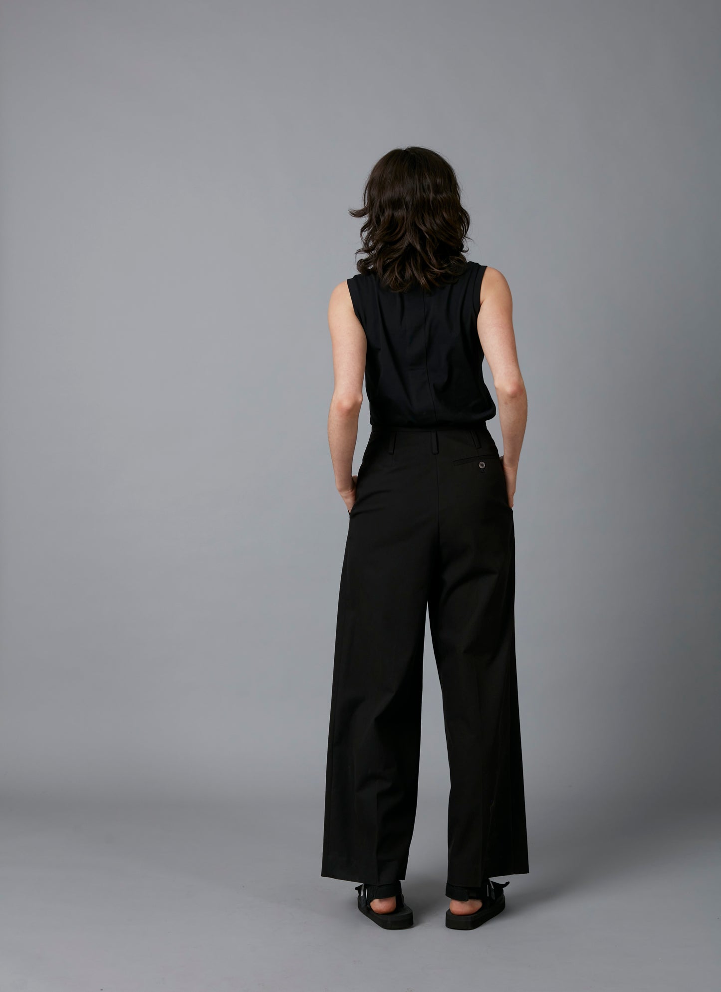 Back view of  Black Sculpture Cotton Tencel Pants