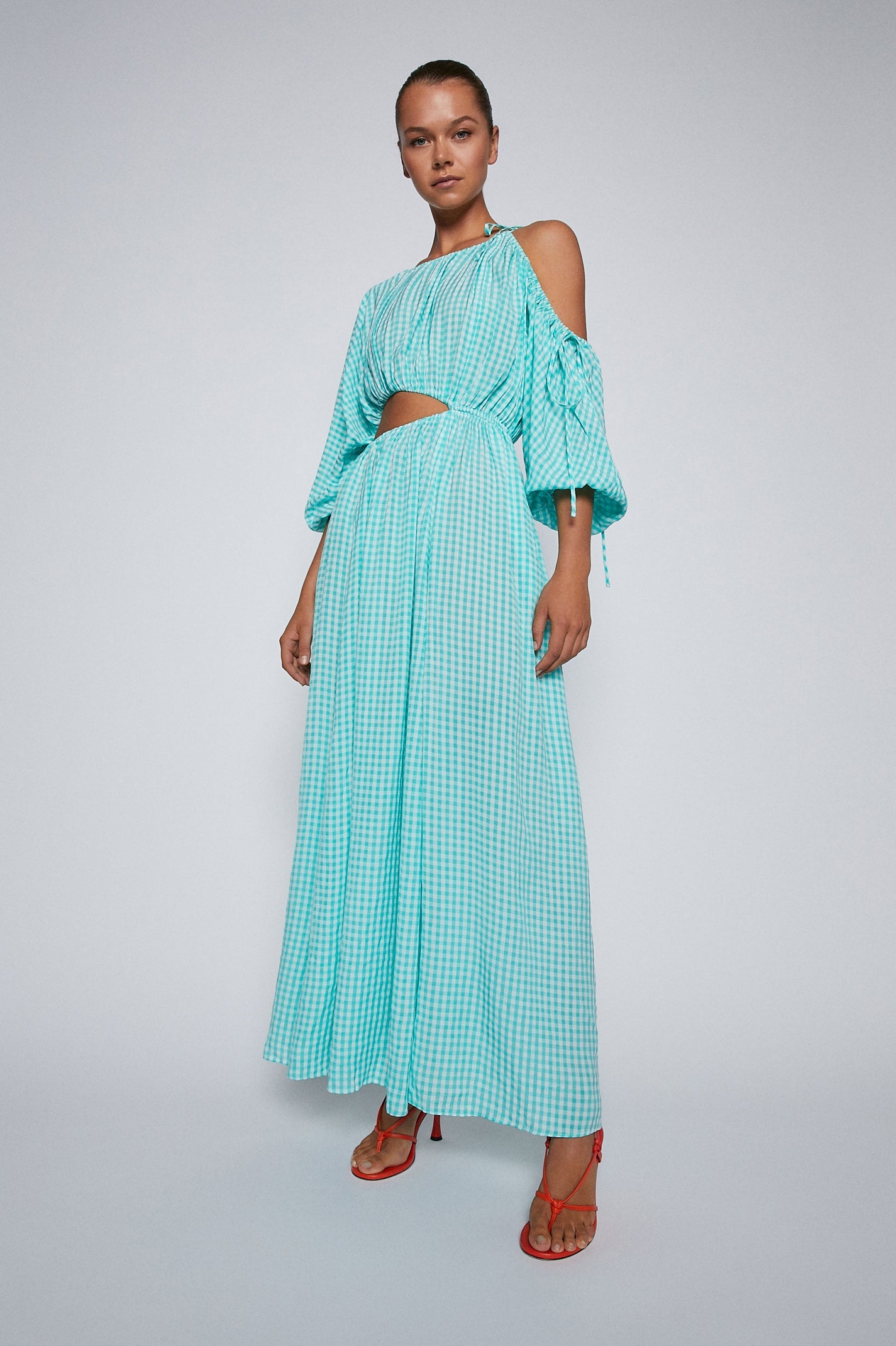 SCANLAN THEODORE - GINGHAM DRAW CORD MAXI DRESS - GREEN Side angle full length