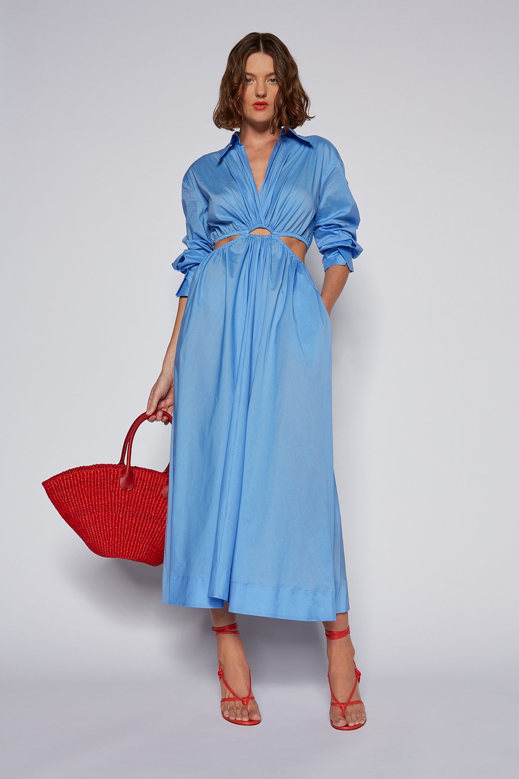 SCANLAN THEODORE - RING MIDI DRESS - BLUE Styled with red bag