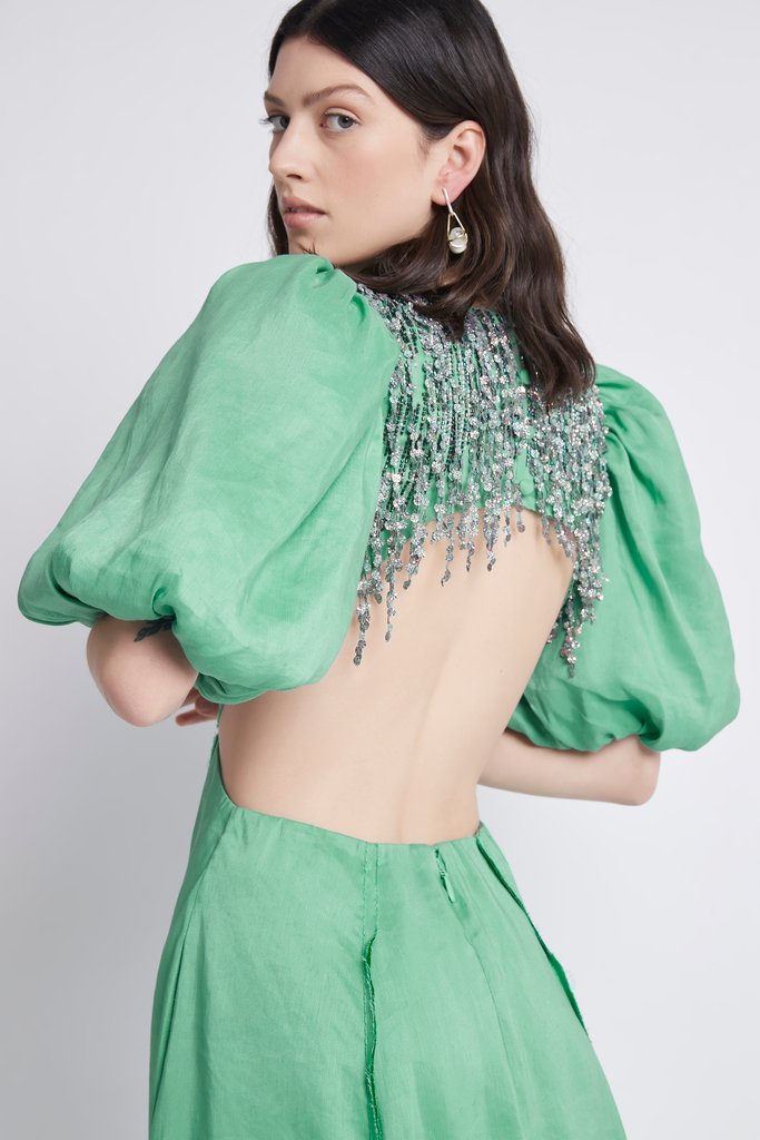 Close up back view of AJE - RELIC BEADED MIDI DRESS - GREEN (BYRON BAY)