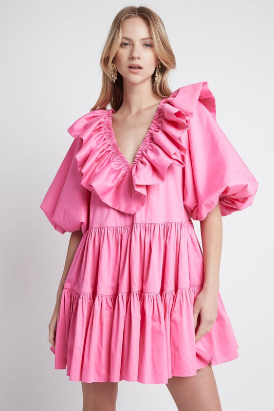 Front model view of AJE - SOLSTICE RUFFLE TIERED SMOCK DRESS - PINK
