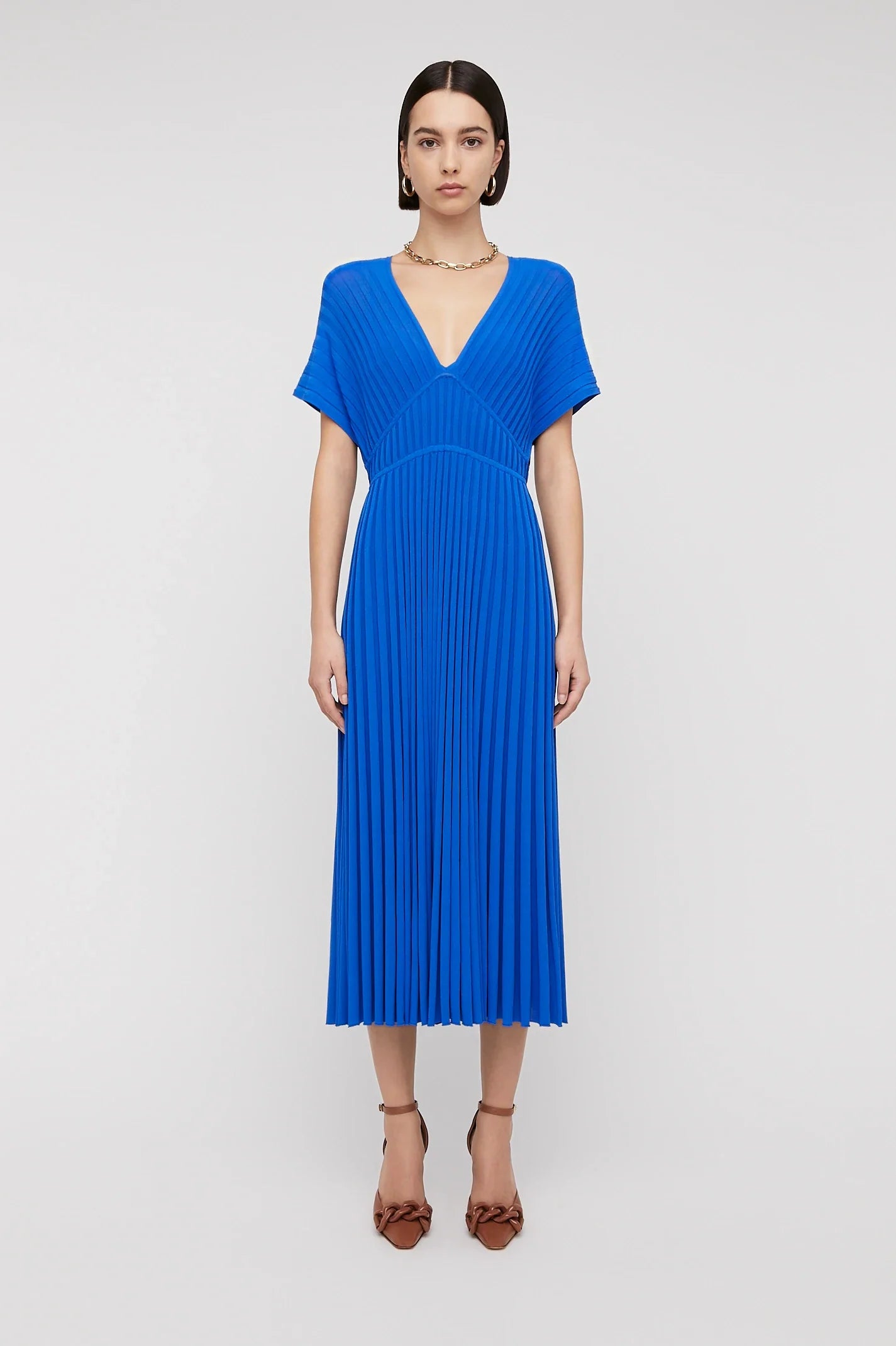 SCANLAN THEODORE - PLEATED RIB V NECK DRESS 16 - BLUE - PRELOVED – rntr ...