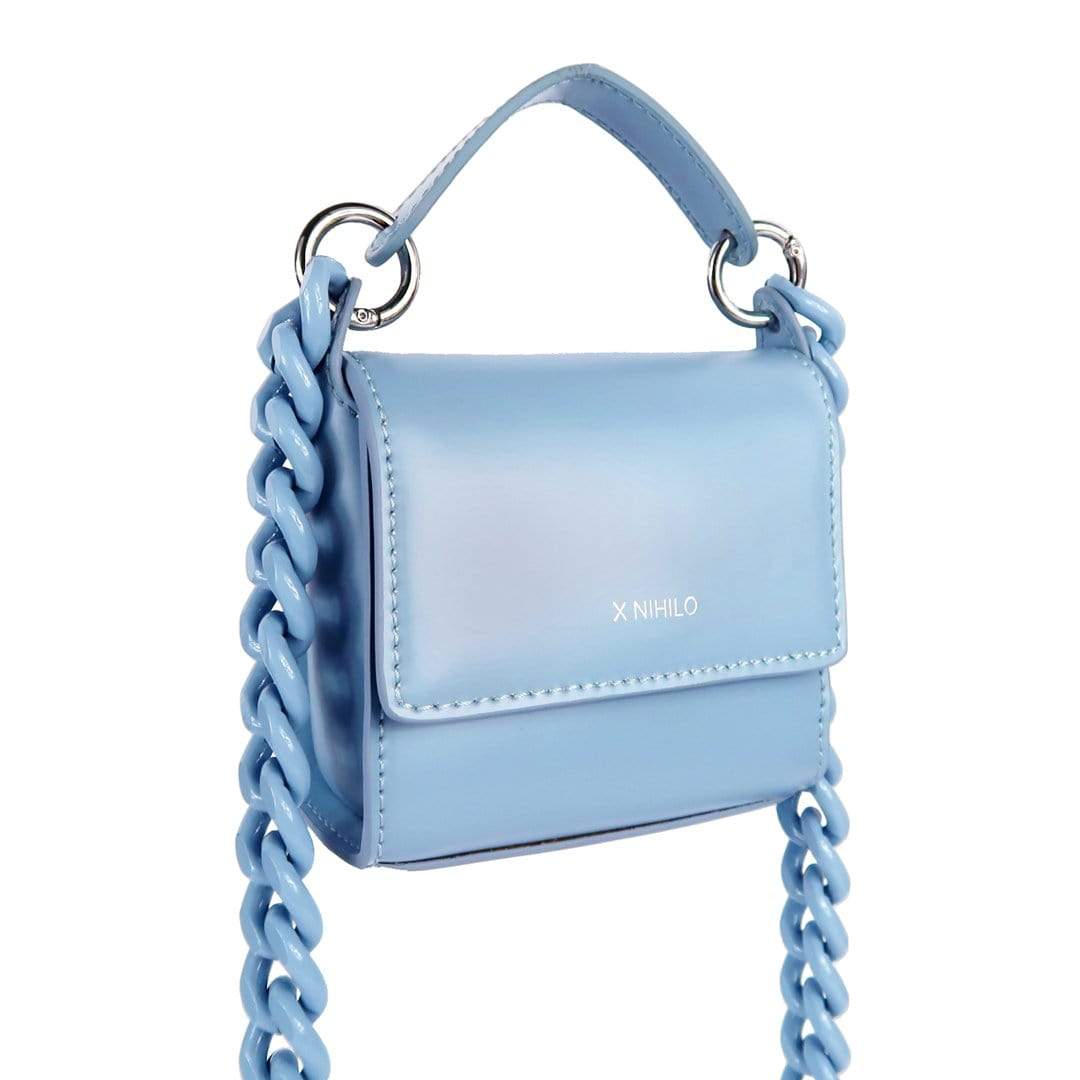 X NIHILO - TRANQUIL MINI LEATHER SHOULDER BAG - BLUE Close up with strap down